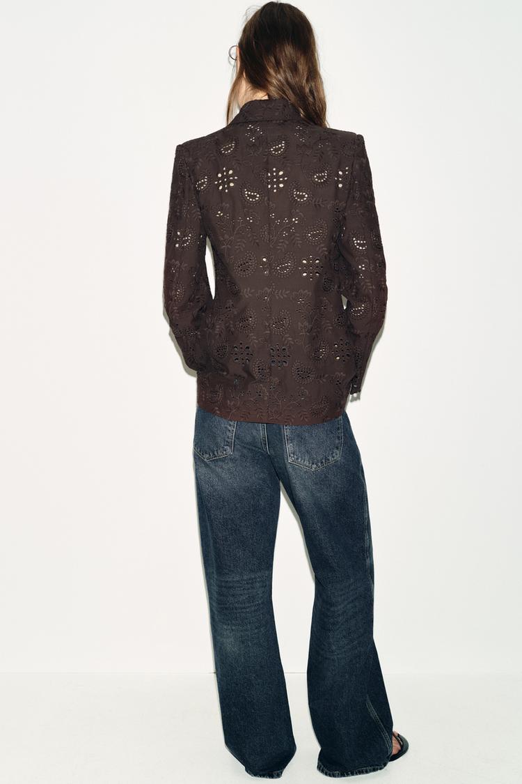 STRAIGHT BLAZER WITH EMBROIDERED PERFORATED SHOULDER PADS
