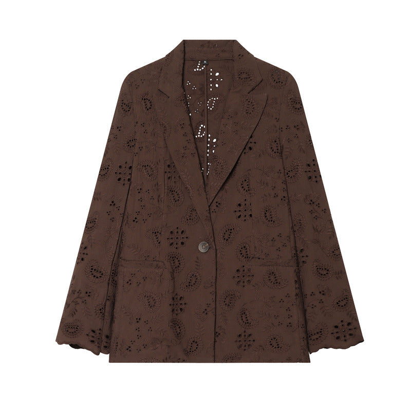 STRAIGHT BLAZER WITH EMBROIDERED PERFORATED SHOULDER PADS